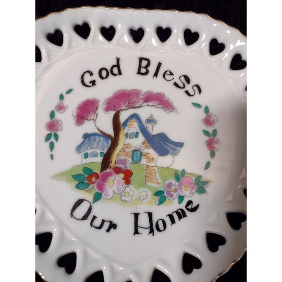Vtg God Bless Our‎ Home Granny Cottagecore Heart Shape Gold Edge Christian Plate - Picture 2 of 5